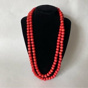Red painted wood beaded long necklace